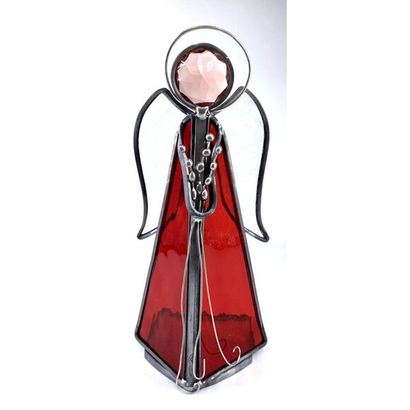 Angel Stained Glass Candle Holder 9" Red Clear Edge Glass Prism Head - Picture 1 of 7